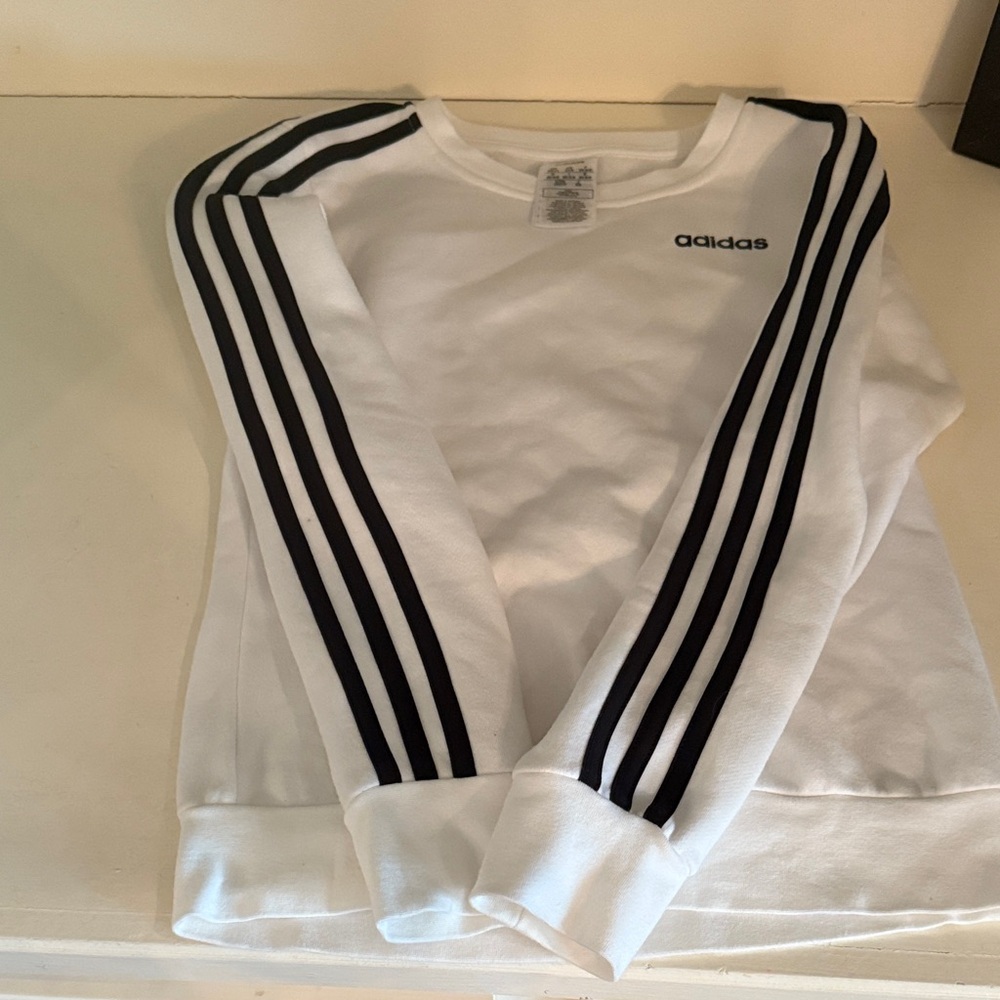 Adidas White Crewneck with Black Sleeve Stripes